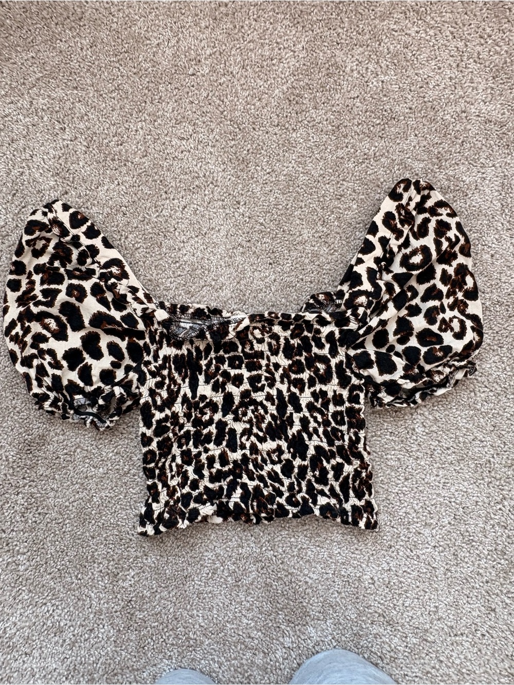 Leopard Print Puff Sleeve Crop Top - Brown/Black